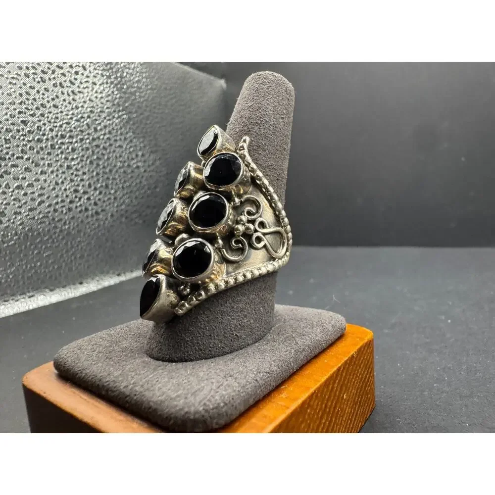 Vtg Sterling Silver 925 & Black Onyx Cluster Statement Ring Bohemian Style Sz 10